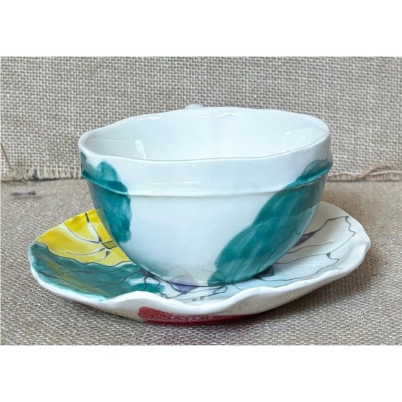 Anthropologie ? Shabby Floral Teacup And Saucer Set Hand Painted Portugal READ - Picture 2 of 8